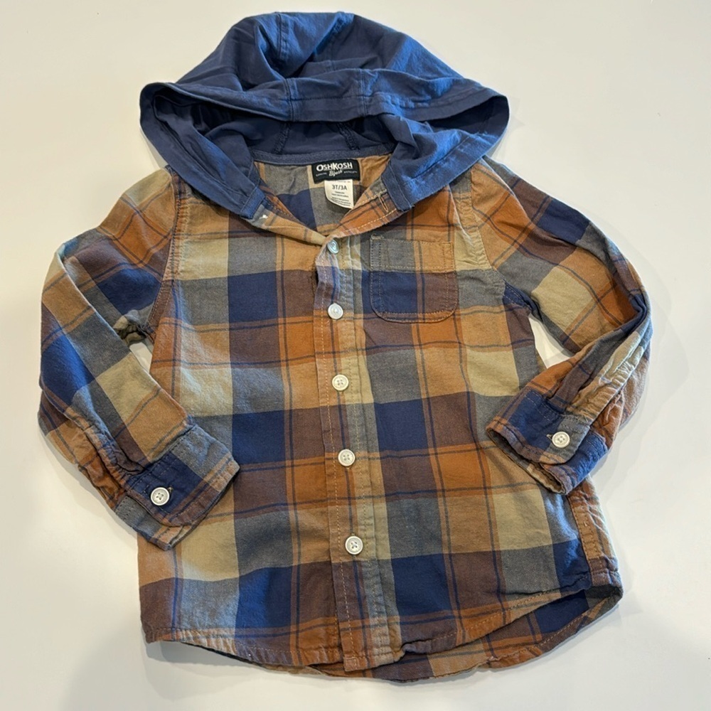 OshKosh B'gosh Boys Plaid Button Down Shirt Blue Brown